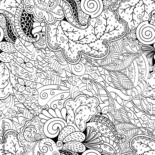 Tracery seamless calming pattern. Mehndi design. Neat even monochrome binary harmonious texture. Algae sea motif. Ethnically indifferent. Ambiguous usable bracing, curved doodling mehendi. Vector.