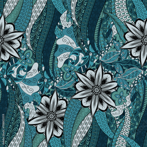 Tracery seamless calming pattern. Mehendi design. Neat even colorful harmonious doodle texture. Algae sea motif. Indifferent discreet. Ambitious bracing usable, curved doodling mehndi. Vector.