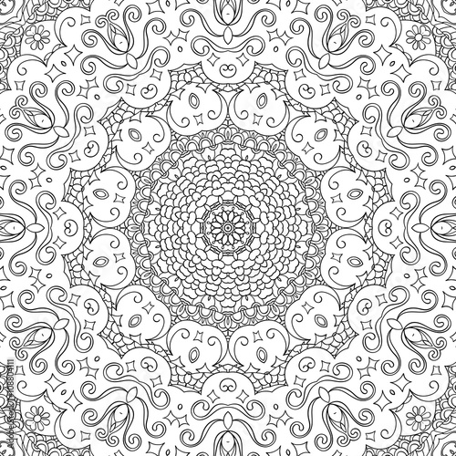 Tracery binary monochrome pattern. Mehendi carpet design. Neat even harmonious calming doodle texture. Also seamless. Indifferent discreet. Ambitious bracing usable, curved doodling mehndi. Vector.