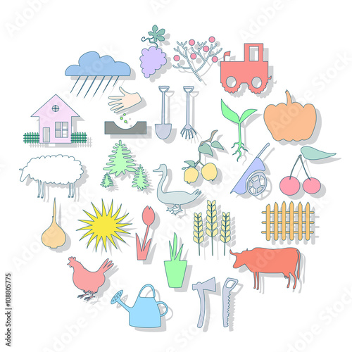 Agricultural icon set. Garden equipment set. Farming business collection.