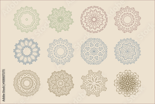 Circular mandalas snowflakes design set. Vector graphic design assets to improve your artwork with polished organic and geometric ornaments