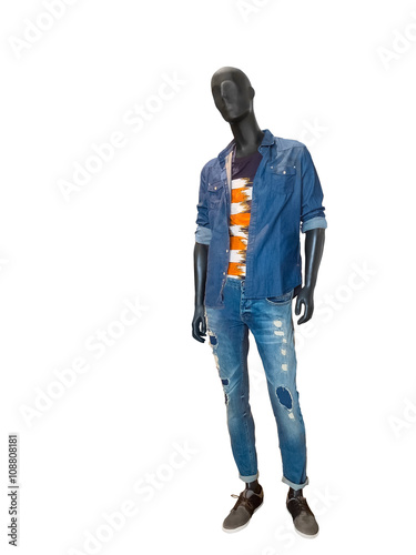Male mannequin dressed in blue denim shirt and jeans. © modustollens