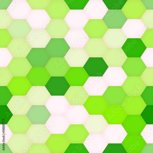 Abstract hexagons geometry seamless background. Colorful and bright palette, repeatedly tiled pattern. Design backdrop texture, decorative color art. Endless lime green wallpaper. Vector.