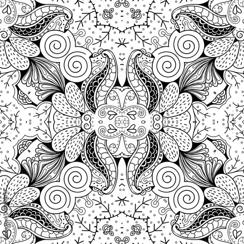 Tracery seamless calming pattern. Mehndi design. Neat even monochrome binary harmonious texture. Algae sea motif. Ethnically indifferent. Ambiguous usable bracing, curved doodling mehendi. Vector.