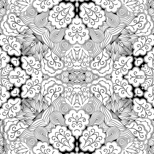 Tracery seamless calming pattern. Mehndi design. Neat even monochrome binary harmonious texture. Algae sea motif. Ethnically indifferent. Ambiguous usable bracing, curved doodling mehendi. Vector.