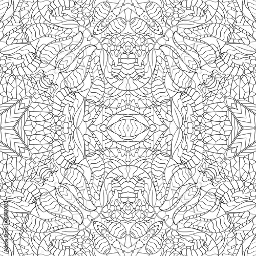 Tracery seamless calming pattern. Mehndi design. Neat even monochrome binary harmonious texture. Algae sea motif. Ethnically indifferent. Ambiguous usable bracing, curved doodling mehendi. Vector.