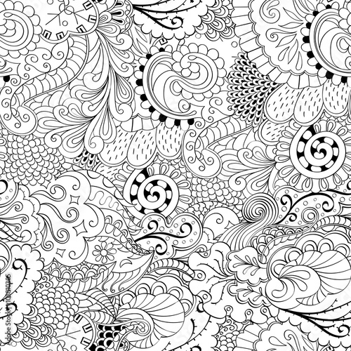 Tracery seamless calming pattern. Mehndi design. Neat even monochrome binary harmonious texture. Algae sea motif. Ethnically indifferent. Ambiguous usable bracing, curved doodling mehendi. Vector.
