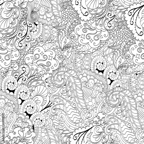 Tracery seamless calming pattern. Mehndi design. Neat even monochrome binary harmonious texture. Algae sea motif. Ethnically indifferent. Ambiguous usable bracing, curved doodling mehendi. Vector.