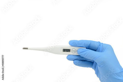 hand held digital thermometer, blue glove
