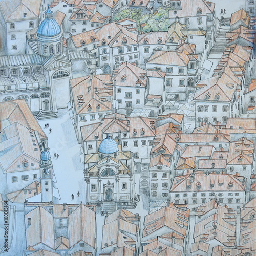 Dubrovnik old town from above colored pencil drawing
