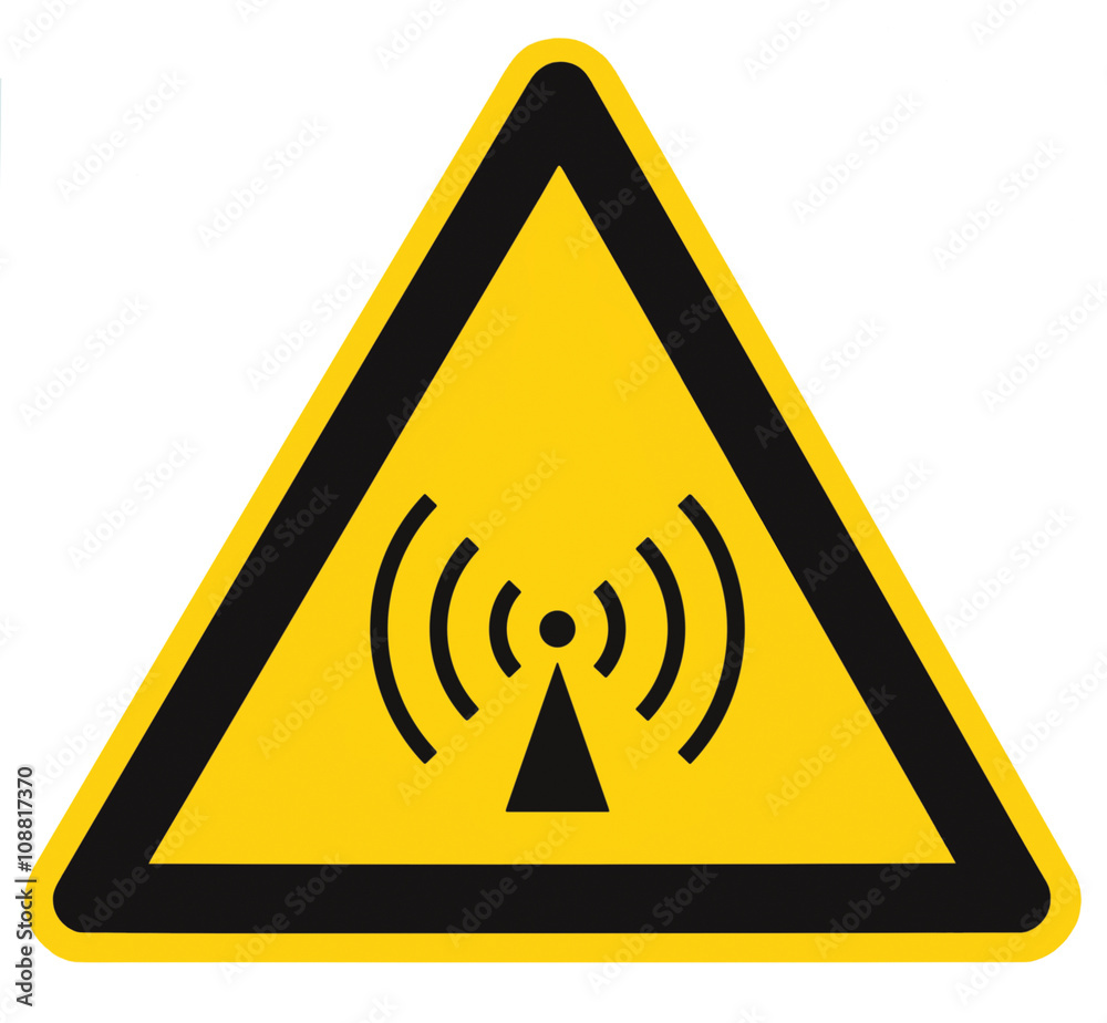 Non-ionizing radiation hazard safety area, danger warning sign sticker label, large icon signage, isolated black triangle over yellow macro closeup Non-ionizing radiation hazard safety area, danger warning sign sticker label, large icon signage, isolated black triangle over yellow macro closeup