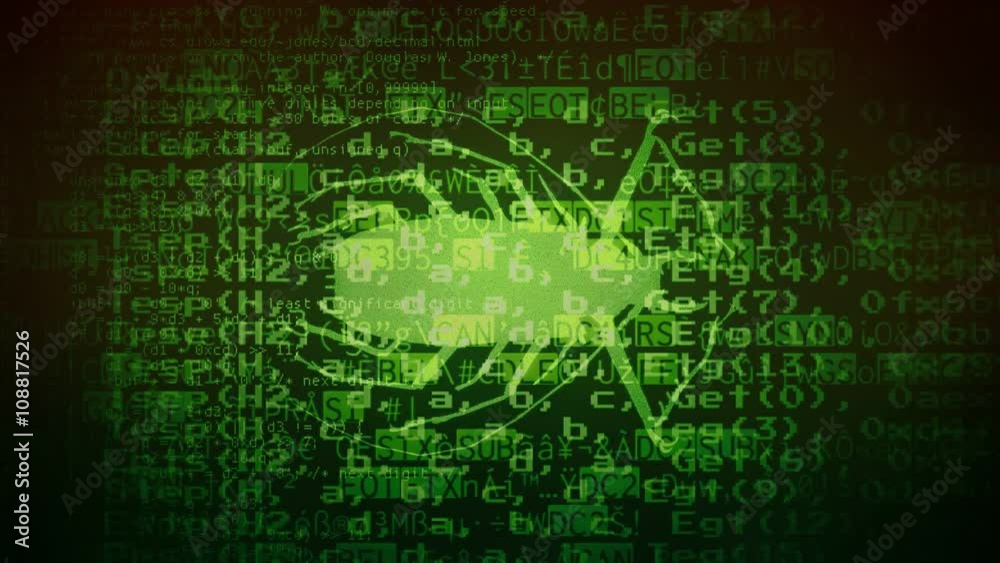 The silhouette of an evil bug (an insect) appearing over a stream of messy computer source code. Green tonal range.