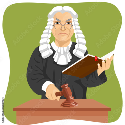 Angry judge makes verdict for law knocking gavel and holding book