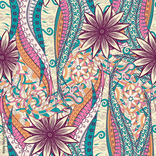 Tracery seamless calming pattern. Mehendi design. Neat even colorful harmonious doodle texture. Algae sea motif. Indifferent discreet. Ambitious bracing usable, curved doodling mehndi. Vector.