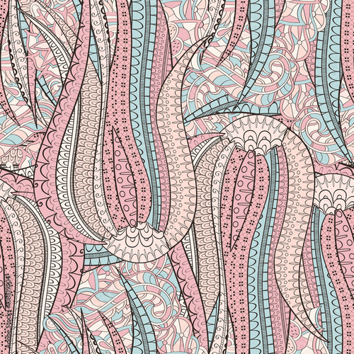 Tracery seamless calming pattern. Mehendi design. Neat even pastel rose harmonious doodle texture. Algae sea motif. Indifferent discreet. Ambitious bracing usable, curved doodling mehndi. Vector.