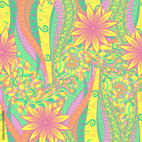 Tracery seamless calming pattern. Mehendi design. Neat even pastel yellow harmonious doodle texture. Algae sea motif. Indifferent discreet. Ambitious bracing usable, curved doodling mehndi. Vector.