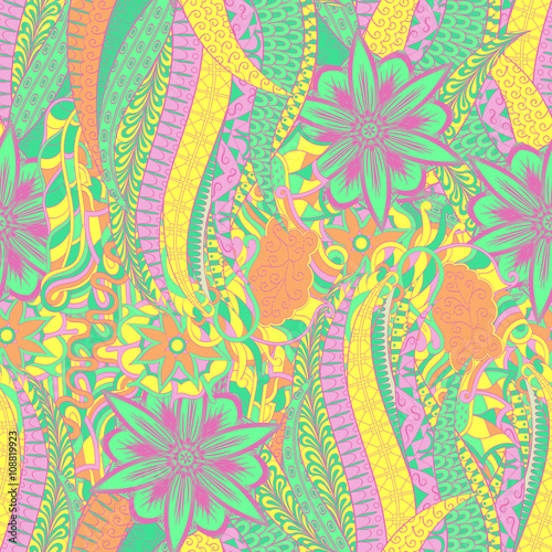 Tracery seamless calming pattern. Mehendi design. Neat even pastel yellow harmonious doodle texture. Algae sea motif. Indifferent discreet. Ambitious bracing usable, curved doodling mehndi. Vector.