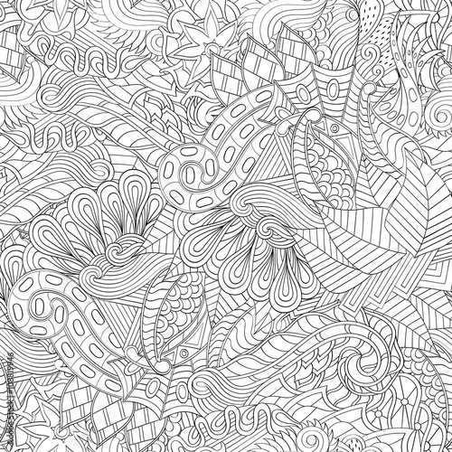 Tracery binary monochrome pattern. Mehendi carpet design. Neat even harmonious calming doodle texture. Also seamless. Indifferent discreet. Ambitious bracing usable, curved doodling mehndi. Vector.