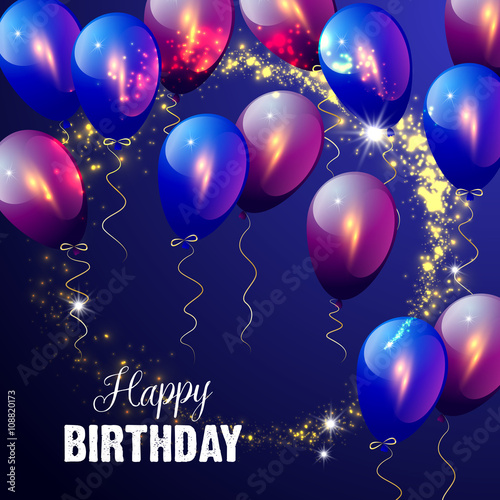 Vector birthday card with balloons blue background. Happy birthday text