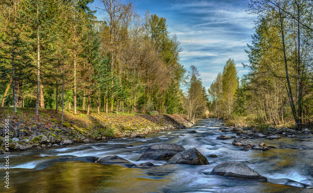Slow Shutter on a Sunny Day creates Silky Washington State Mountain River Slow Shutter on a Sunny Day creates Silky Washington State Mountain River