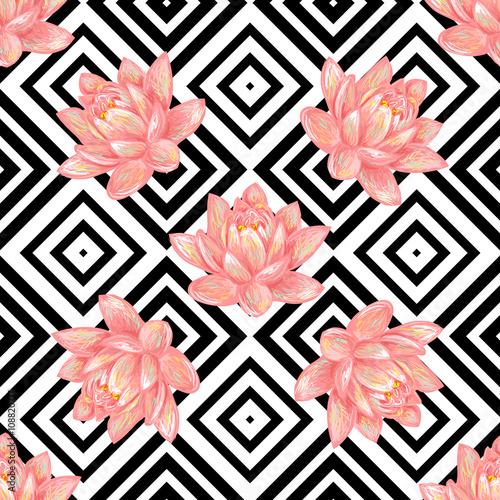 Fototapeta Naklejka Na Ścianę i Meble -  Seamless floral pattern background with tropical pink lotus flower vector background. Perfect for wallpapers, pattern fills, web page backgrounds, surface textures, textile