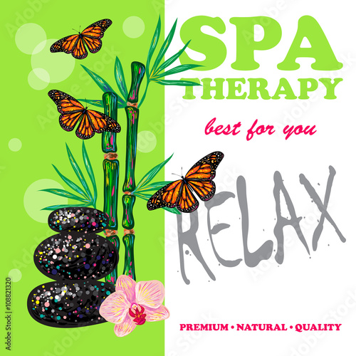 Spa therapy banner. Nature Friendly. Template vector card. SPA procedure. Vector hand drawn elements bamboo, massage stone and orchids