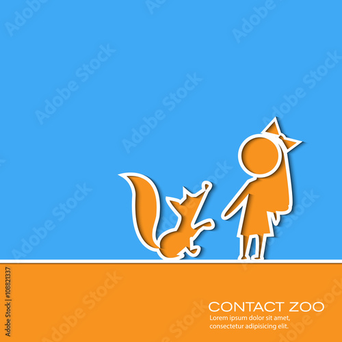 Paper cut design girl and little fox vector illustration. Contac
