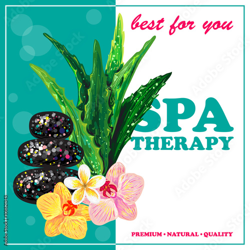 Spa therapy banner. Nature Friendly. Template vector card. SPA procedure. Vector hand drawn elements spa aloe vera, massage stone, frangipani and orchids