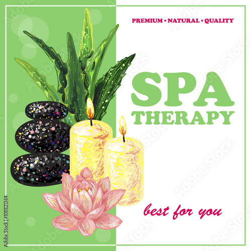 Spa therapy banner. Nature Friendly. Template vector card. SPA procedure. Vector hand drawn elements spa aloe vera, massage stone, candles and lotus