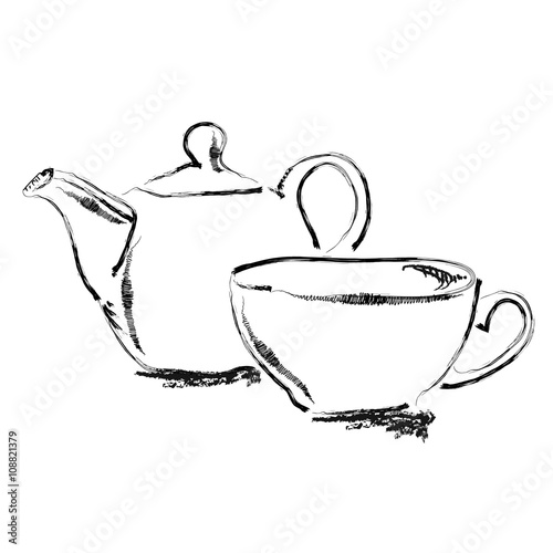 Hand draw sketch teapot and tea cup vector illustration