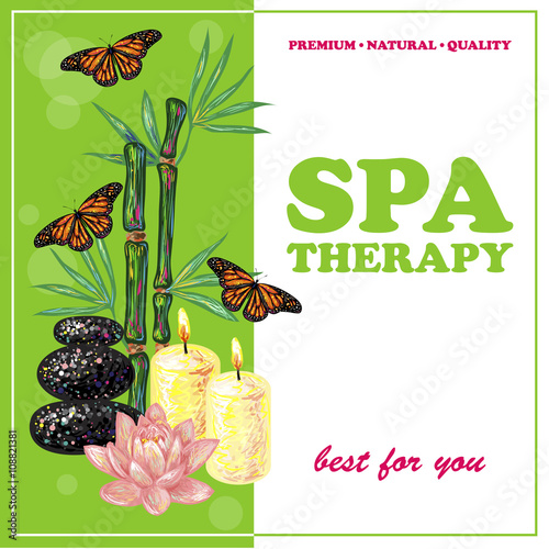 Spa therapy banner. Nature Friendly. Template vector card. SPA procedure. Vector hand drawn elements bamboo, massage stone, candles and lotus
