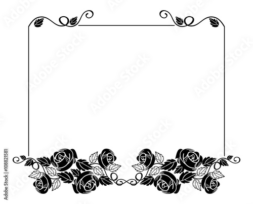 Vintage horizontal floral frame with roses silhouette. Black and white vector design element for advertisements, flyer, web, wedding and other invitations or greeting cards.