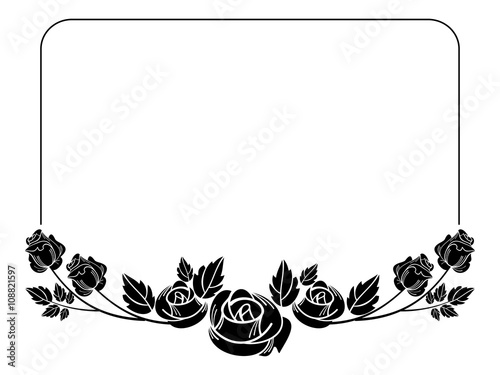Vintage horizontal floral frame with roses silhouette. Black and white vector design element for advertisements, flyer, web, wedding and other invitations or greeting cards.