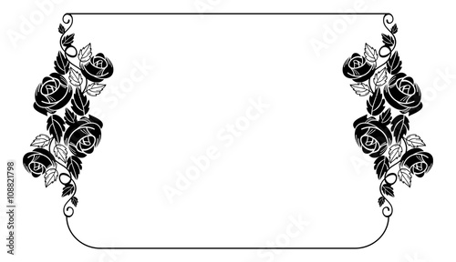 Vintage horizontal floral frame with roses silhouette. Black and white vector design element for advertisements, flyer, web, wedding and other invitations or greeting cards.