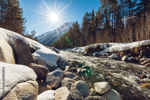 Mountain river Baksan at wintertime photo