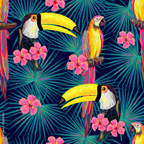 Seamless jungle pattern with toucan and parrot exotic bird, palm leave, tropical hibiscus flower vector background. Perfect for wallpapers, pattern fills, web page, surface textures, textile