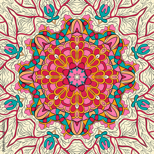 Tracery colorful pattern. Mehendi carpet design. Neat even harmonious calming doodle texture. Also seamless. Indifferent discreet. Trace ambitious bracing usable, curved doodling mehndi. Vector.