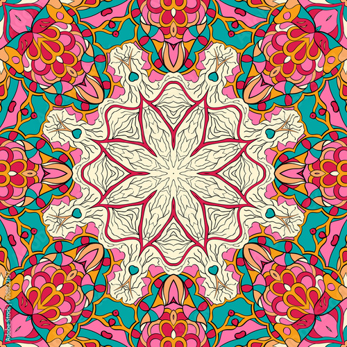 Tracery colorful pattern. Mehendi carpet design. Neat even harmonious calming doodle texture. Also seamless. Indifferent discreet. Trace ambitious bracing usable, curved doodling mehndi. Vector.