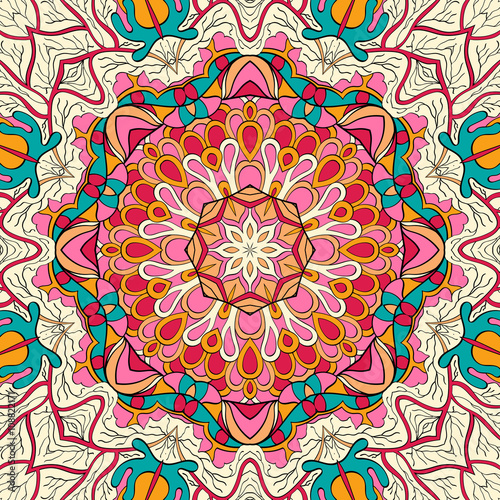 Tracery colorful pattern. Mehendi carpet design. Neat even harmonious calming doodle texture. Also seamless. Indifferent discreet. Trace ambitious bracing usable, curved doodling mehndi. Vector.