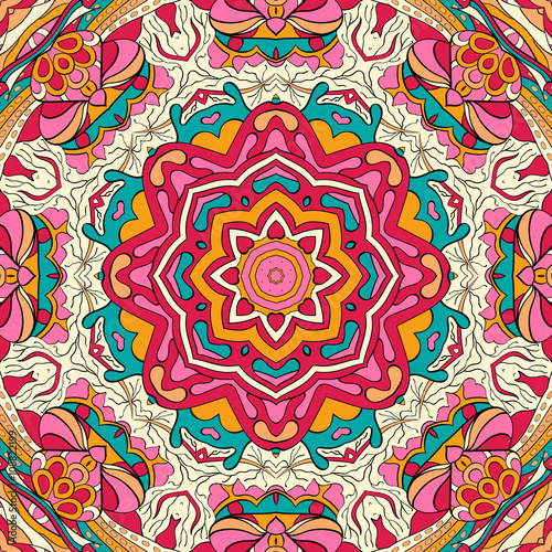 Tracery colorful pattern. Mehendi carpet design. Neat even harmonious calming doodle texture. Also seamless. Indifferent discreet. Trace ambitious bracing usable, curved doodling mehndi. Vector.