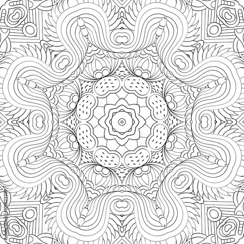Tracery binary monochrome pattern. Mehendi carpet design. Neat even harmonious calming doodle texture. Also seamless. Indifferent discreet. Ambitious bracing usable, curved doodling mehndi. Vector.