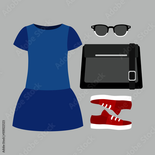 Set of trendy women's clothes with dress and accessories. Vector illustration photo