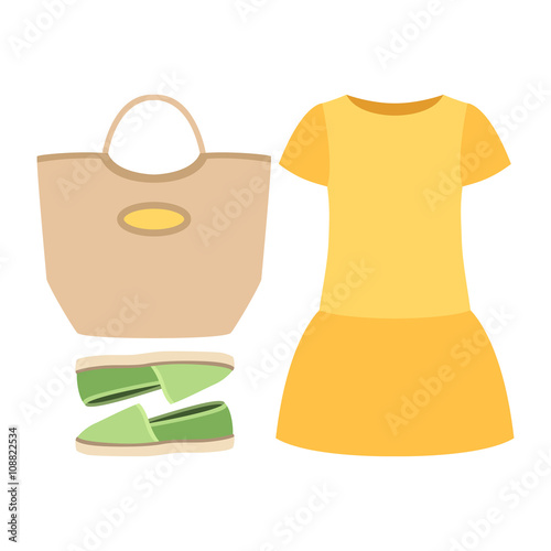 Set of trendy women's clothes with dress and accessories. Vector illustration