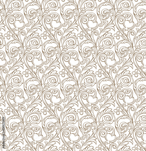 Vector seamless floral pattern with decorative pomegranate. Line art.
