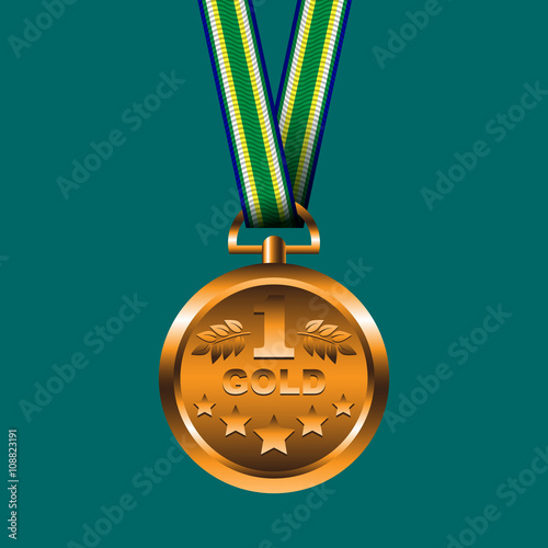Vector gold medal on ribbon conceptual of an award for victory winning first placement achievement or quality