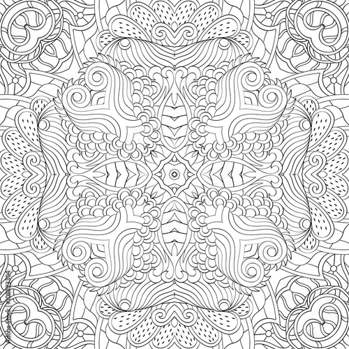 Tracery binary monochrome pattern. Mehendi carpet design. Neat even harmonious calming doodle texture. Also seamless. Indifferent discreet. Ambitious bracing usable, curved doodling mehndi. Vector.