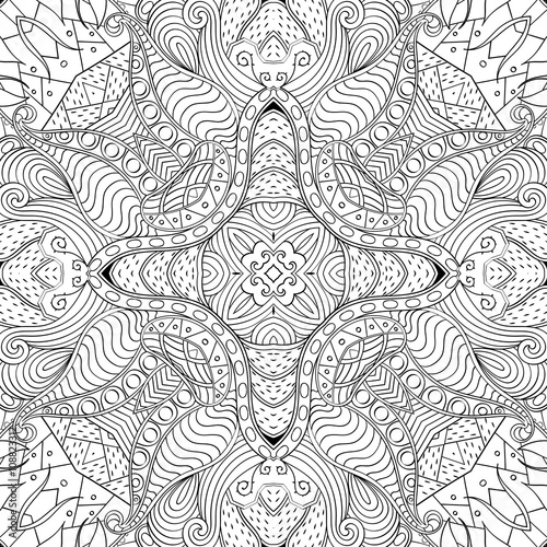 Tracery binary monochrome pattern. Mehendi carpet design. Neat even harmonious calming doodle texture. Also seamless. Indifferent discreet. Ambitious bracing usable, curved doodling mehndi. Vector.