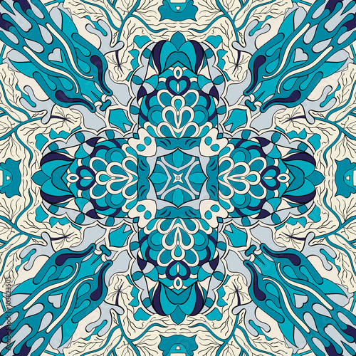 Tracery colorful pattern. Mehendi carpet design. Neat even harmonious calming doodle texture. Also seamless. Indifferent discreet. Ambitious bracing usable, curved doodling mehndi. Vector.