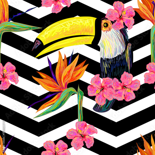 Seamless jungle pattern with toucan exotic bird, tropical hibiscus flower vector background. Perfect for wallpapers, pattern fills, web page backgrounds, surface textures, textile