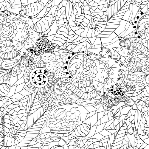 Tracery seamless calming pattern. Mehndi design. Neat even monochrome binary harmonious texture. Algae sea motif. Ethnically indifferent. Ambiguous usable bracing, curved doodling mehendi. Vector.